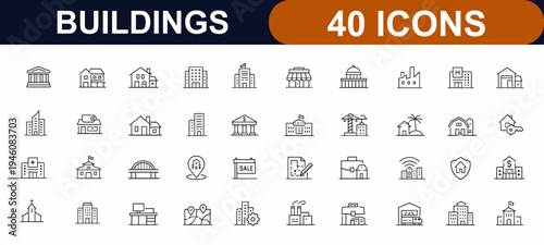Building web icons in line style. Museum, townhouse, urban estate, coffee shop, hospital, school, architecture, real estate, infrastructure, office. Editable stroke. Vector illustration.