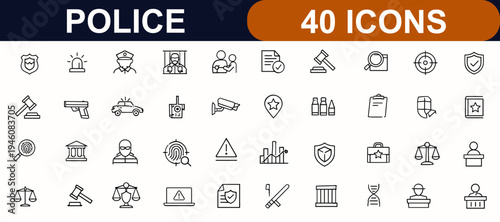 Police web icons in line style. Security, justice system, law enforcement, court trial, arrest process, police officer, siren light, weapon control, legal authority, crime prevention set.
