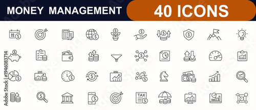 Money Management web icons in line style. Budget planning, financial strategy, savings, investment, cash flow, productivity, money control. Editable stroke. Vector illustration.