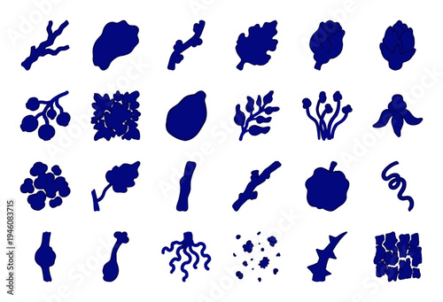 Hand-drawn botanical silhouettes and organic garden elements for rustic brand identity. Naive blue marker sketch illustrations featuring floral and nature concepts.