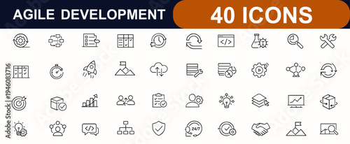 Agile Development web icons in line style. Software workflow, Scrum process, sprint planning, testing cycle, product management, collaboration set. Editable stroke. Vector illustration.