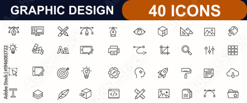 Graphic design web icons in line style. Creative tools, graphic designer, software UI, drawing instruments, typography, digital art, stationery set. Editable stroke. Vector illustration.