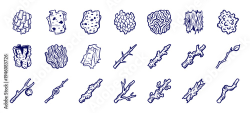 Hand-drawn organic wood textures and forest branch elements for rustic brand identity. Naive marker sketch illustrations of bark patterns and twigs.