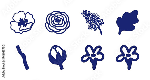 Hand-drawn botanical doodles and organic floral elements with a rustic ink aesthetic. Naive marker sketch illustrations featuring roses, buds, and leaves.