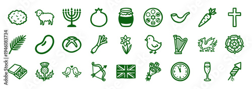 Hand-drawn cultural symbols and holiday celebrations in a rustic green marker doodle style. Naive organic line art for global festive traditions.