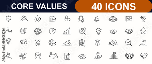 Core Values web icon set in line style. Integrity, teamwork, accountability, customer focus, innovation, ethics, mission, goals, trust, banner design. Editable stroke. Vector illustration.