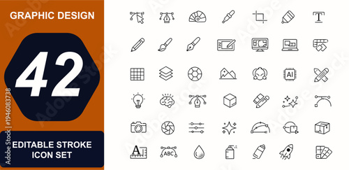 Set of Graphic design web icons in line style. Creativity tools, graphic designer, software UI, drawing tools, typography, design elements set. Editable stroke. Vector illustration.