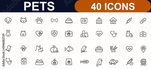 Pets web icons in line style. Veterinary care, pet animals, dog cat rabbit, hamster bird, paw bone, zoo pets, vet service set. Editable stroke. Vector illustration.