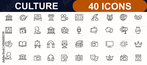Culture web icons in line style. Art, museums, architecture, cinema, theater, literature, music, heritage, exhibition, creative set. Editable stroke. Vector illustration.