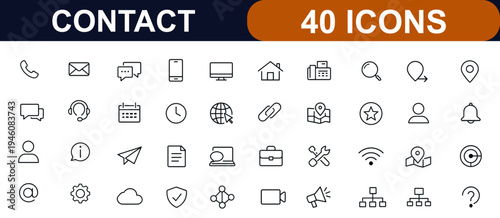 Contact icon set. Communication, phone call, email message, customer support, chat, calendar, location pin, globe link, info service, contact symbols. Editable stroke. Vector illustration.