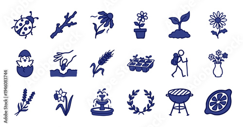 Hand-drawn garden and spring nature elements for organic brand identity. Rustic, naive marker sketch illustrations featuring outdoor life concepts.