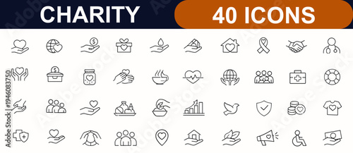 Set of Volunteering and charity web icons in line style. Support, donation, helping hands, healthcare aid, community care, social service, humanitarian symbols, fundraising. Vector illustration.