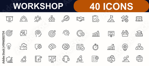Workshop web icons in line style. Training, business teamwork, coaching goals, partnership, productivity, wrench tools, development set. Editable stroke. Vector illustration.