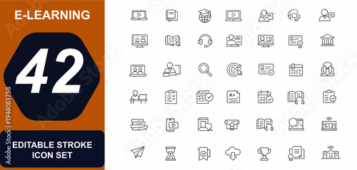 Online Education and E-learning web icon set in line style. Distance learning, e book, video courses, mentor, online study. Editable stroke. Vector illustration.