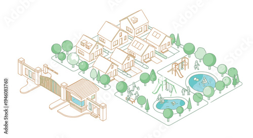 Vector illustration of suburban neighborhood with houses, trees, and pool
