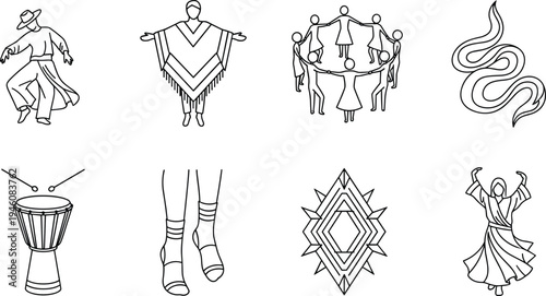 Traditional Cultural Dance and Folklore Line Icon Set Featuring Poncho Dancers Drum Tribal Patterns and Group Celebration Symbols for Design