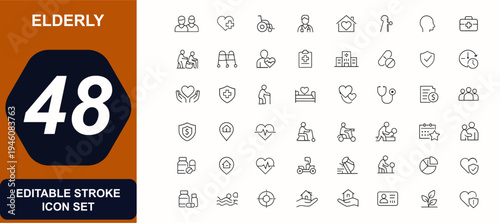 Elderly web icons in line style editable stroke. Care, senior health, wheelchair, caregiver. Editable stroke. Vector illustration.