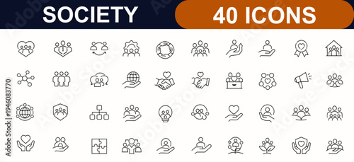 Society web icons in line style. Community support, people network, teamwork, social group, cooperation, volunteer help, association set. Editable stroke. Vector illustration.