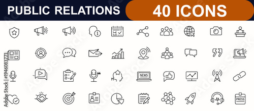 Public Relations web icons in line style. Brand reputation, press, social media, news planning, interview, feedback, megaphone, marketing set. Editable stroke. Vector illustration.
