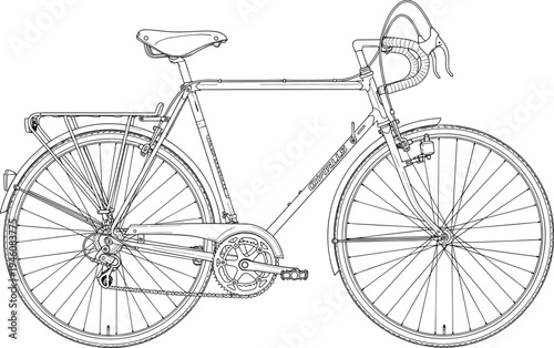 Vintage Touring Bicycle Line Art Illustration Featuring Classic Steel Frame Drop Handlebars Rear Luggage Rack and Fenders for Travel Design