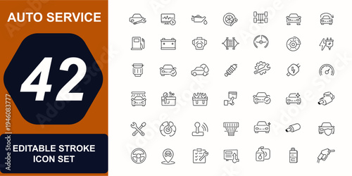 Set of Auto service and garage web icons in line style. Vehicle maintenance, mechanic shop, engine diagnostic, oil change, tire service, car wash. Editable stroke. Vector illustration.