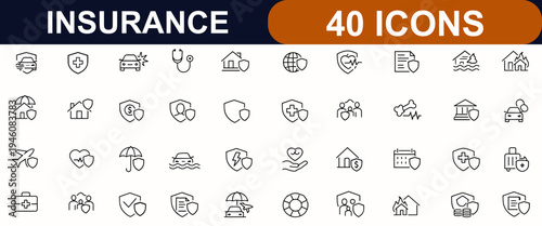 Set of Insurance web icons in line style. Car insurance, medical, health, home, travel, life, accident, flood, fly. Editable stroke. Vector illustration.