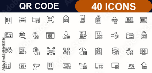 QR code web icons in line style. Mobile scanning, digital ID, barcode sign, smart scanner, data access, business tech set. Editable stroke. Vector illustration.