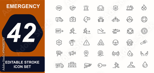 Emergency web icons in line style. SOS alert, emergency hotline, ambulance, evacuation route, exit signage, rescue help, safety warning set. Editable stroke. Vector illustration.