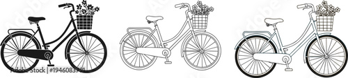 Vintage Style Lady City Bicycle Set Featuring Front Basket with Flowers in Silhouette Outline and Colored Line Art Styles