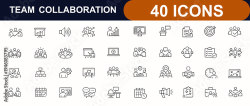 Meeting web icon set in line style. Team collaboration, business conference, brainstorm, seminar, interview, presentation, office communication. Editable stroke. Vector illustration.