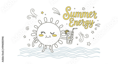 Vector illustration of smiling sun character with summer energy drink