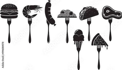 Black and white food on forks burger shrimp sausage