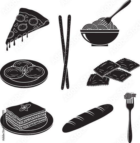 Black and white food including pizza slice, bowl of noodles, plate of cookies, ravioli, cake, bread, chopsticks and fork