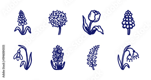 Hand-drawn spring floral botanical elements for organic branding. Rustic naive marker sketch flowers featuring tulip, snowdrop, and muscari.