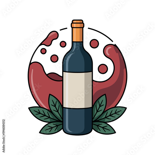 A bottle of wine with a blank label surrounded by grape leaves and red wine splatters