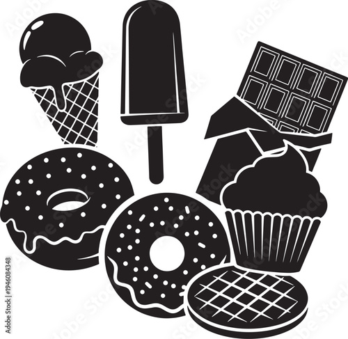 Black and white of assorted sweet treats desserts donuts