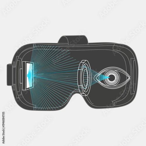 Virtual reality headset with glowing blue lines.