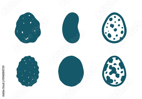 Hand-drawn organic egg and pebble shapes for rustic brand identity. Naive marker sketch illustrations featuring speckled textures and asymmetrical forms.