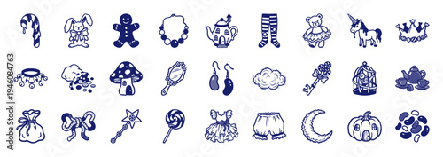 Whimsical cottagecore and storybook elements for nostalgic brand identity. Naive hand-drawn doodles featuring fairy houses, treats, and magical accessories.