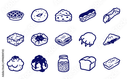 Hand-drawn bakery and pastry elements for organic brand identity. Rustic, naive marker sketch illustrations featuring various breads and desserts.