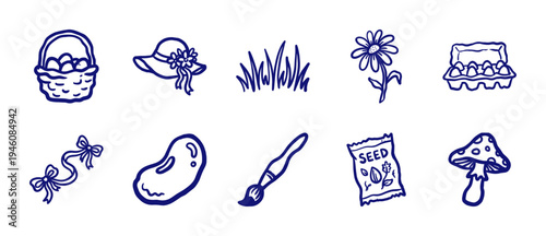 Hand-drawn spring garden and Easter elements in a naive blue marker sketch style. Rustic DIY backyard farming and seasonal hobby illustrations.