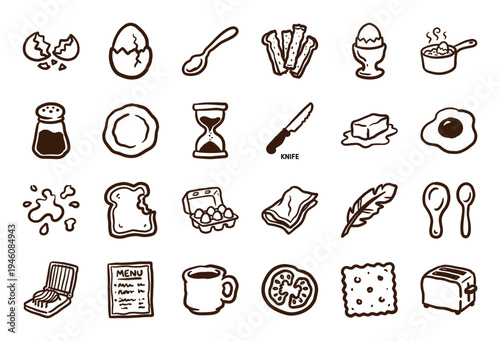 Hand-drawn breakfast and morning kitchen elements for organic food branding. Rustic, naive marker sketch illustrations of eggs, toast, and coffee.