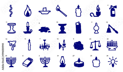 Hand-drawn candle and fire elements for cozy branding. Rustic naive marker sketch illustrations featuring lighting, wax, and flame concepts.