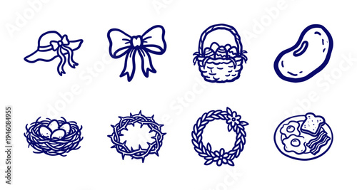 Hand-drawn Easter and spring lifestyle elements for festive branding. Rustic naive doodle illustrations featuring holiday basket, eggs, and breakfast concepts.