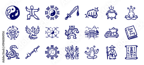 Traditional Taoist philosophy and martial arts elements for cultural branding. Naive blue marker sketch illustrations featuring yin yang and qigong concepts.