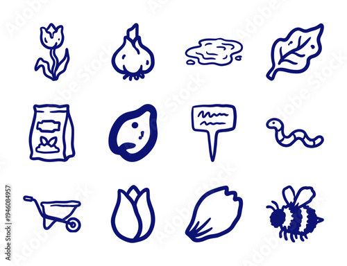 Hand-drawn gardening and botany elements for organic brand identity. Rustic, naive marker sketch illustrations featuring spring planting concepts.