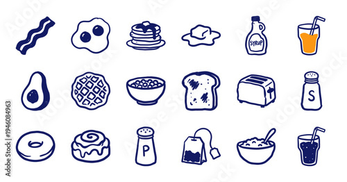 Hand-drawn breakfast and morning cafe elements for organic brand identity. Naive marker sketch illustrations featuring classic brunch food concepts.