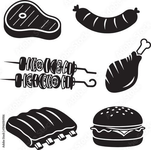 Black and white of various grilled meats and fast food steak sausage ribs burger chicken leg