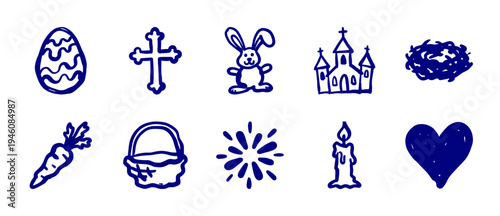 Hand-drawn Easter and religious holiday elements for organic branding. Rustic naive marker sketch illustrations featuring spring celebration concepts.