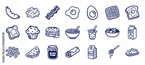 Hand-drawn breakfast food elements in a naive marker doodle style. Rustic navy blue ink sketches of morning meals and cafe ingredients.